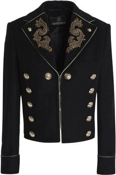 Shop Roberto Cavalli Woman Embellished Wool-blend Jacket Black