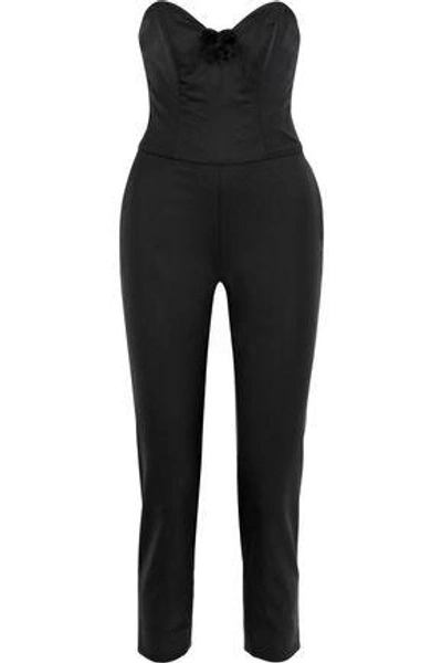Shop Carolina Herrera Woman Strapless Cropped Appliquéd Wool-blend Twill Jumpsuit Black