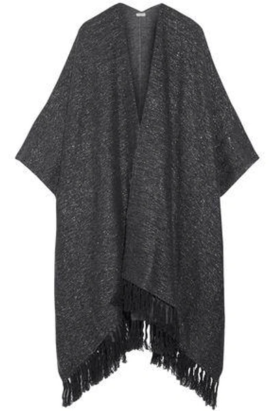 Shop Brunello Cucinelli Woman Fringe-trimmed Metallic Knitted Poncho Dark Gray