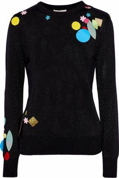 Shop Christopher Kane Woman Embellished Metallic Knitted Sweater Black