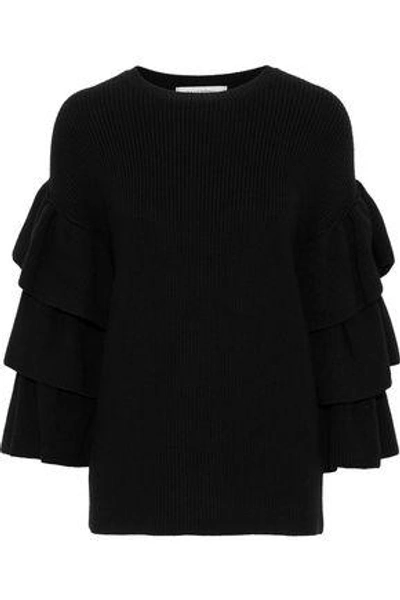 Shop Valentino Woman Ruffle-trimmed Wool Sweater Black