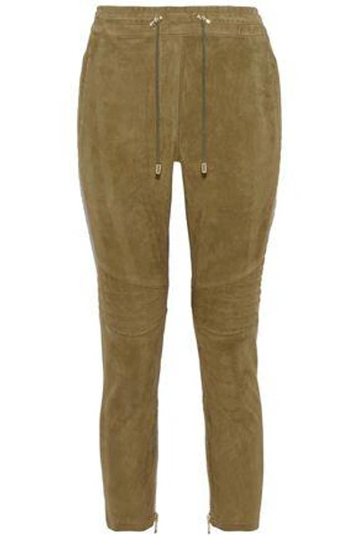 Shop Balmain Woman Cropped Quilted-paneled Suede Slim-leg Pants Sage Green