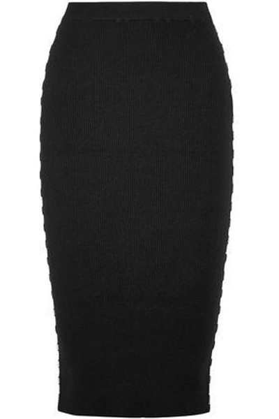 Shop Mugler Woman Embellished Ribbed-knit Pencil Skirt Black