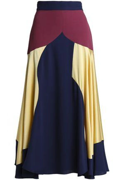 Shop Roksanda Rania Color-block Hammered Satin-paneled Silk-crepe Midi Skirt In Navy