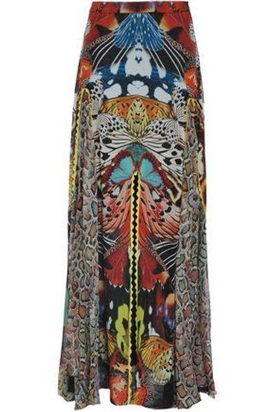 Shop Roberto Cavalli Woman Fluted Printed Silk-georgette Maxi Skirt Multicolor