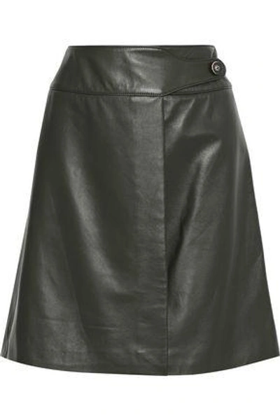 Shop Carolina Herrera Woman Leather Mini Wrap Skirt Forest Green