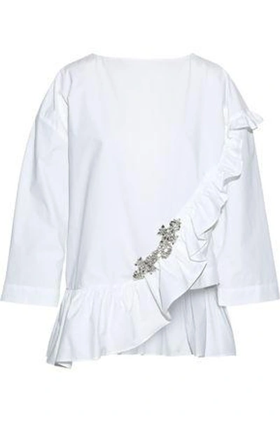 Shop Christopher Kane Woman Oversized Ruffled Embellished Cotton-poplin Blouse White