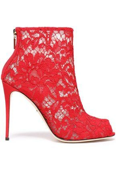 Shop Dolce & Gabbana Woman Corded Lace And Mesh Ankle Boots Red