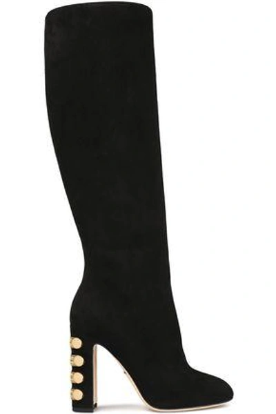 Shop Dolce & Gabbana Woman Embellished Suede Knee Boots Black