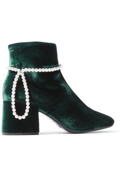 Shop Mm6 Maison Margiela Woman Faux Pearl-embellished Velvet Ankle Boots Emerald
