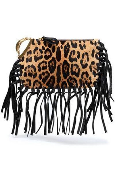 Shop Valentino Woman Fringe-trimmed Leopard-print Calf Hair Clutch Animal Print