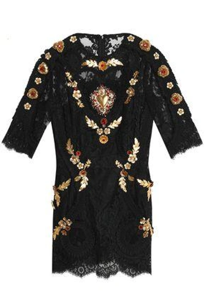 Shop Dolce & Gabbana Woman Embellished Lace Mini Dress Black