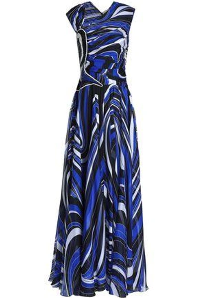 Shop Emilio Pucci Embellished Printed Silk-chiffon Gown In Royal Blue