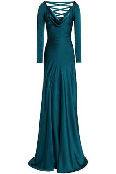 Shop Jenny Packham Woman Bead-embellished Lace-up Satin-crepe Gown Petrol