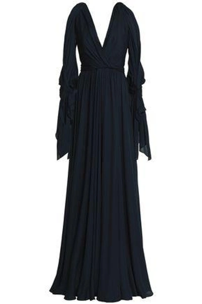 Shop Jenny Packham Woman Cold-shoulder Draped Silk Gown Midnight Blue