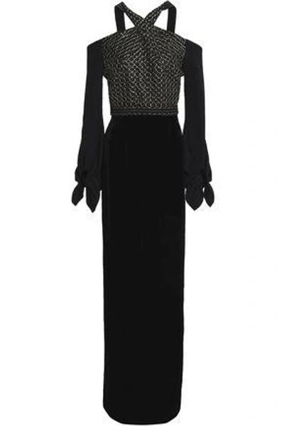Shop Roland Mouret Tadley Cold-shoulder Embroidered Crepe And Velvet Gown In Black