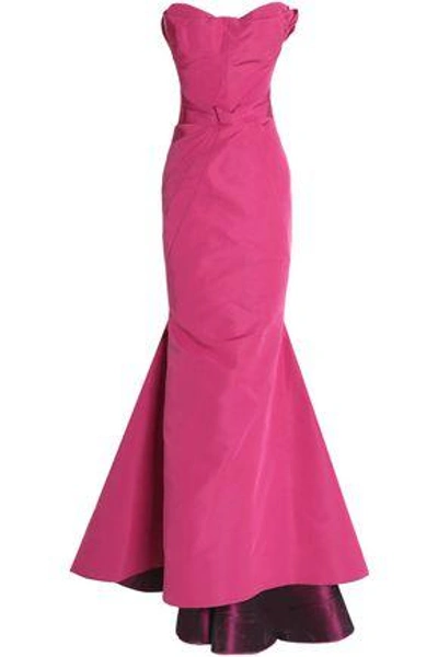 Shop Zac Posen Woman Strapless Fluted Pintucked Silk-crepe Gown Fuchsia