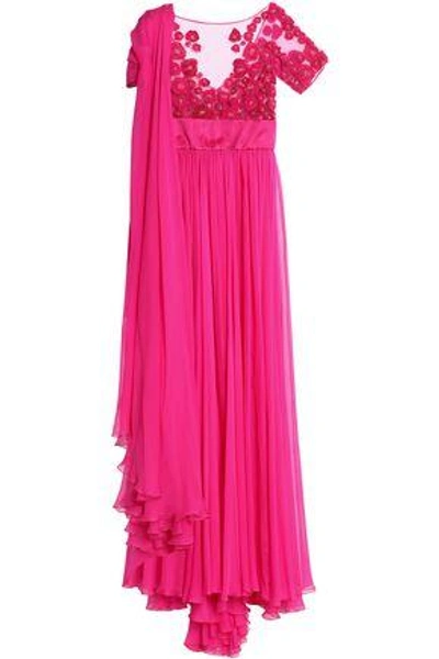 Shop Zuhair Murad Woman Draped Silk-blend Chiffon And Embellished Tulle Gown Bright Pink