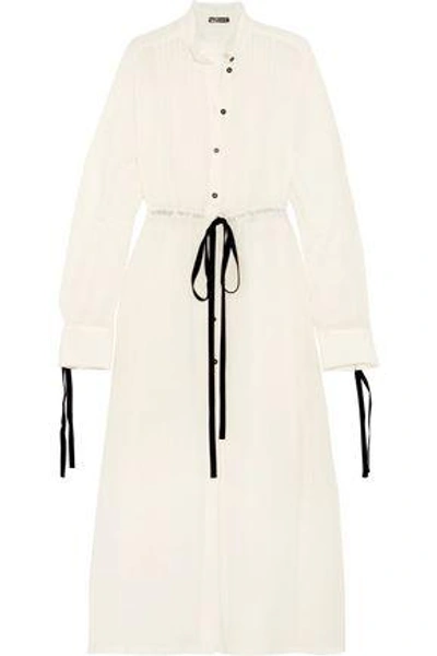 Shop Ann Demeulemeester Woman Pintucked Wool-blend Gauze Maxi Shirt Dress Cream