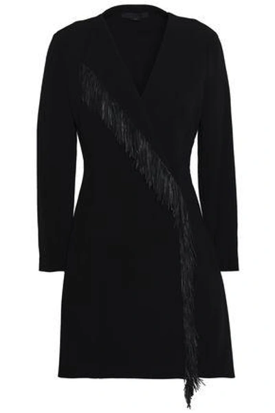 Shop Alexander Wang Woman Fringed Leather-trimmed Crepe Mini Dress Black
