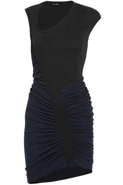 Shop Atlein Woman Ruched Wool-blend Jersey And Cotton-blend Piqué Mini Dress Black