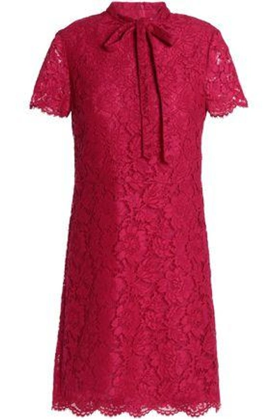 Shop Valentino Woman Pussy-bow Cotton-blend Corded Lace Mini Dress Crimson