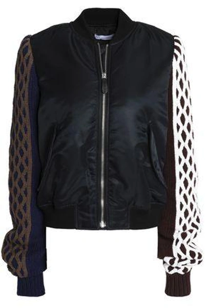 Shop Jw Anderson Woman Cable Knit-paneled Satin Bomber Jacket Black