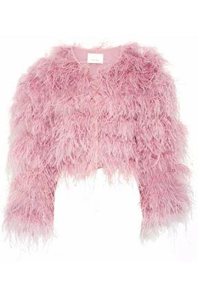 Shop Cinq À Sept Woman Lennox Cropped Feather-embellished Mesh Jacket Antique Rose