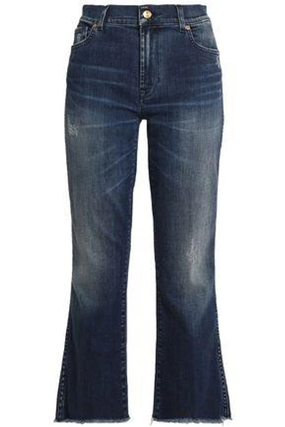 Shop 7 For All Mankind Woman Distressed Faded Mid-rise Bootcut Jeans Dark Denim