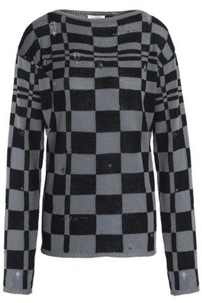 Shop Marc Jacobs Woman Distressed Checked Wool And Cashmere-blend Sweater Black