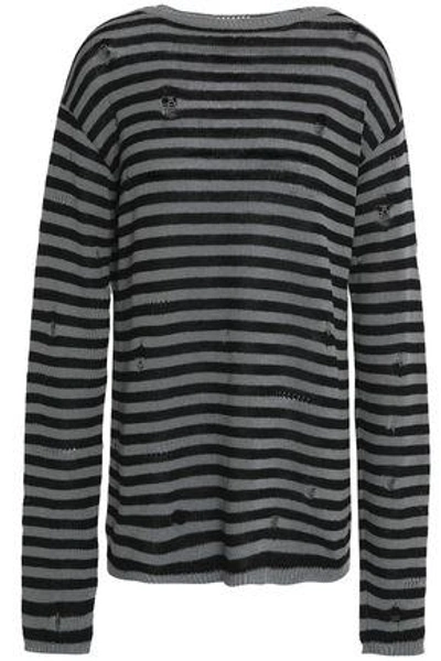Shop Marc Jacobs Woman Distressed Striped Wool And Cashmere-blend Sweater Gray