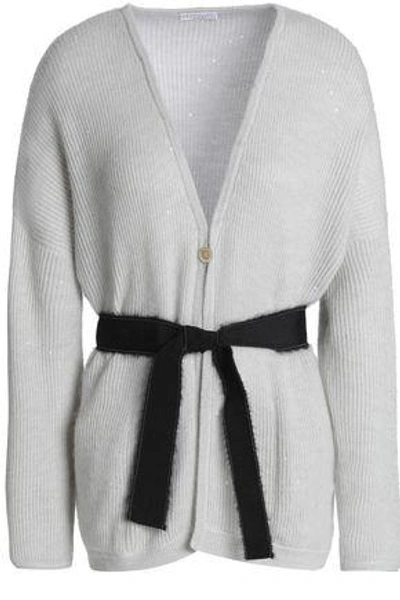 Shop Brunello Cucinelli Woman Belted Ribbed-knit Cardigan Light Gray