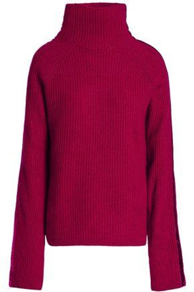 Shop Haider Ackermann Woman Velvet-trimmed Ribbed Wool And Cashmere-blend Turtleneck Sweater Crimson