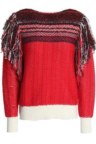 Shop Marc Jacobs Woman Fringe-trimmed Cotton-blend Jacquard Sweater Red