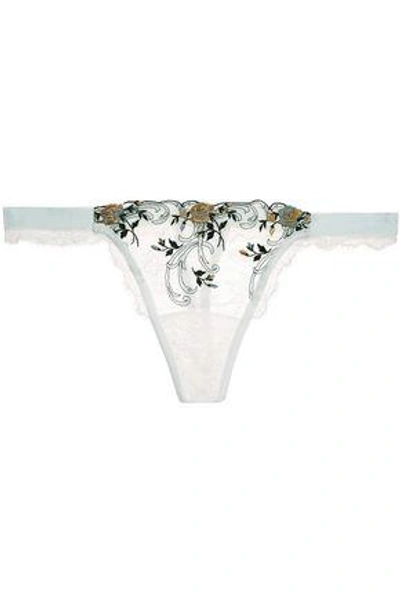 Shop La Perla Woman Hampton Court Velvet-trimmed Embroidered Leavers Lace Low-rise Thong Sky Blue