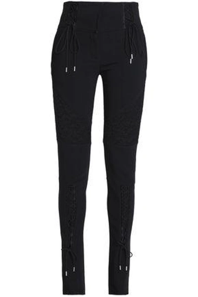 Shop Roberto Cavalli Woman Lace-paneled Crepe Skinny Pants Black