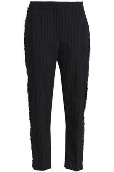 Shop Markus Lupfer Pinstriped Wool-blend Tapered Pants In Midnight Blue