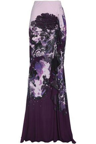 Shop Roberto Cavalli Woman Ruched Printed Crepe Maxi Skirt Purple