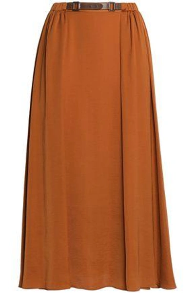 Shop Halston Heritage Woman Belted Satin Midi Skirt Light Brown