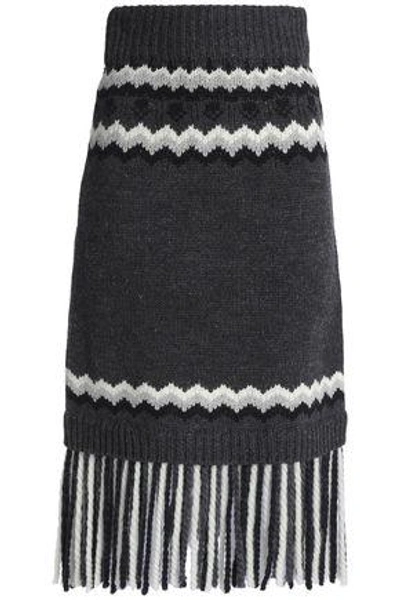 Shop Red Valentino Redvalentino Woman Fringed Intarsia-knit Midi Skirt Dark Gray