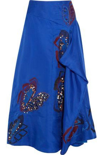 Shop Roksanda Woman Floral-appliquéd Draped Silk Midi Skirt Cobalt Blue