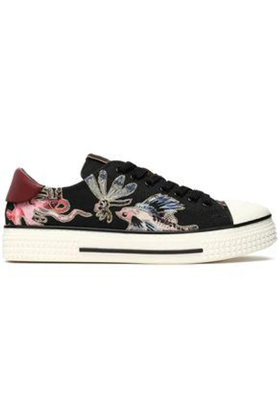 Shop Valentino Leather-trimmed Printed Canvas Sneakers In Black