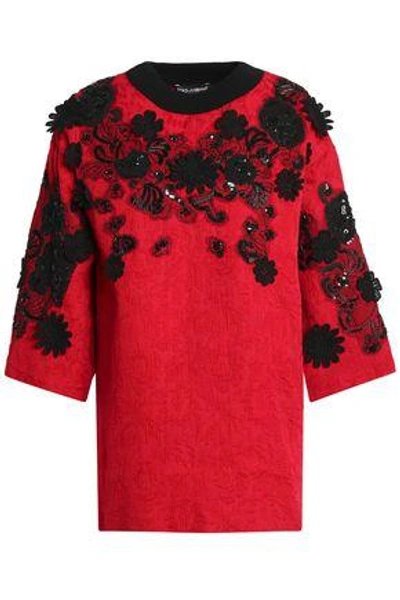 Shop Dolce & Gabbana Woman Embellished Cotton And Silk-blend Jacquard Top Red