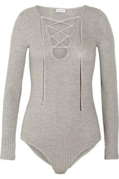 Shop Splendid Woman Lace-up Ribbed-knit Bodysuit Gray