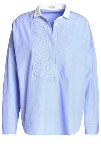 Shop Brunello Cucinelli Woman Pintucked Cotton Shirt Sky Blue