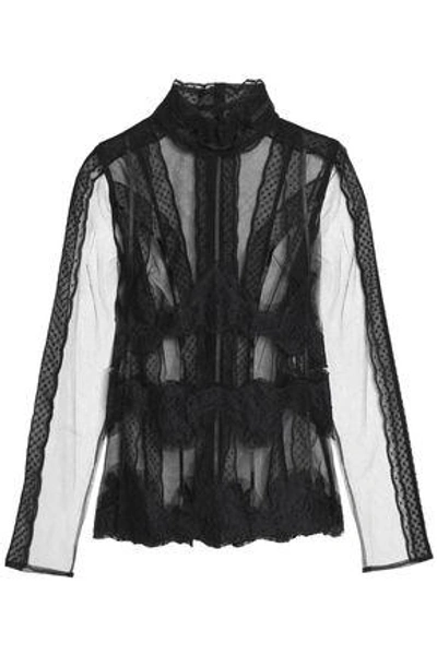 Shop Dolce & Gabbana Woman Lace-trimmed Tulle Turtleneck Top Black