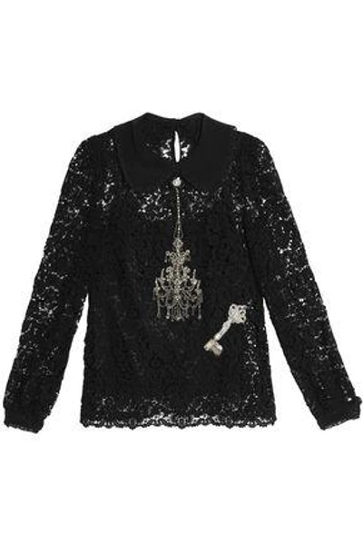 Shop Dolce & Gabbana Woman Embellished Cotton-blend Lace Top Black