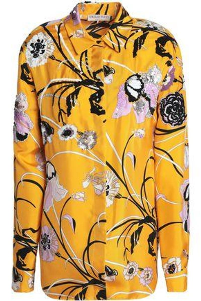 Shop Emilio Pucci Woman Embellished Floral-print Silk-twill Shirt Marigold
