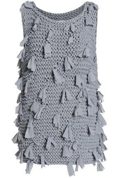 Shop Maison Margiela Woman Tasseled Open-knit Neoprene Top Gray