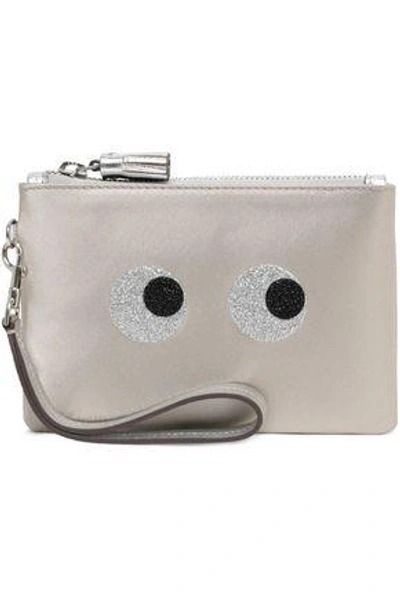 Shop Anya Hindmarch Woman Metallic Leather-trimmed Glittered Satin Pouch Stone